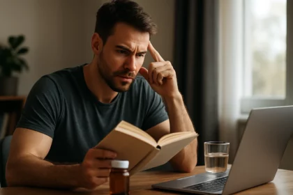 Muž študuje s knihou a počítačom, zameriava sa na učenie a pamäť.