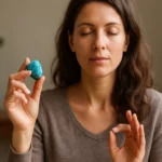 Žena meditujúca s turkinitovým kryštálom v ruke