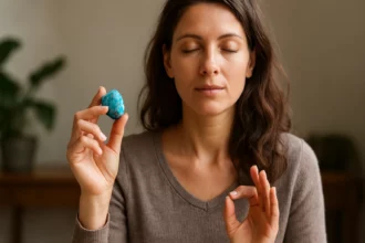 Žena meditujúca s turkinitovým kryštálom v ruke