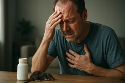 Muž s bolesťou hlavy a obavami z potkanej jedu.