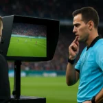 Videorozhodca analyzuje záber na obrazovke počas športového zápasu.