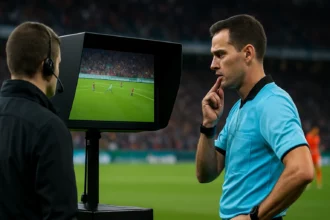 Videorozhodca analyzuje záber na obrazovke počas športového zápasu.