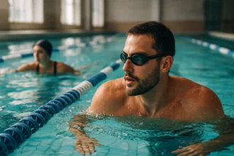 Muž pláva v bazéne, podporuje zdravie a kondíciu.