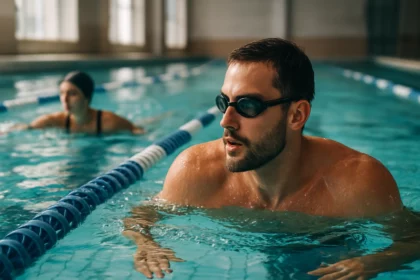 Muž pláva v bazéne, podporuje zdravie a kondíciu.
