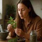 Žena skúma zázračnú bylinu pri prírodnej liečbe