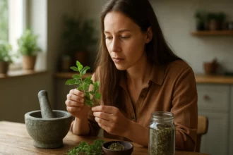 Žena skúma zázračnú bylinu pri prírodnej liečbe