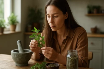 Žena skúma zázračnú bylinu pri prírodnej liečbe