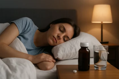 Žena spí na posteli s flórom melatonínu a pohárom vody vedľa seba.