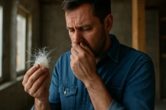 Muž skúma sklenené vlákno s výrazom obavy.