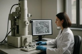 Vedkyňa používajúca elektrónový mikroskop na analýzu vzoriek.