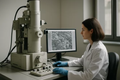 Vedkyňa používajúca elektrónový mikroskop na analýzu vzoriek.