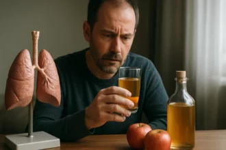 Muž skúma účinky octu na pľúca pri príprave prírodného lieku.