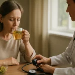 Žena pije čaj z ľubovníka bodkovaného počas kontroly krvného tlaku.