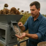 Farmár s moderným strojom na lúpanie slnečnicových semien.