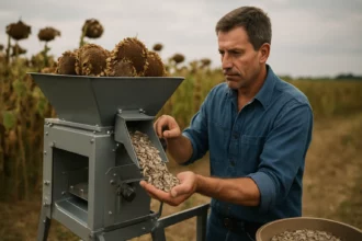 Farmár s moderným strojom na lúpanie slnečnicových semien.