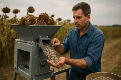 Farmár s moderným strojom na lúpanie slnečnicových semien.