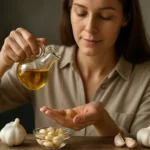 Žena nalieva cesnakový olej do dlane, okolo sú cesnakové strúčiky.