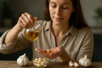 Žena nalieva cesnakový olej do dlane, okolo sú cesnakové strúčiky.