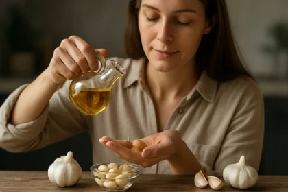 Žena nalieva cesnakový olej do dlane, okolo sú cesnakové strúčiky.