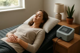 Žena relaxuje na magnetickej posteli pre zlepšenie zdravia