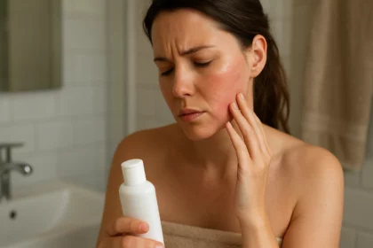 Žena sčítava účinky laurylsulfátu sodného na pokožku.