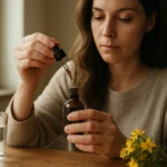 Žena dávkujúca tinktúru z ľubovníka bodkovaného do liekovky.