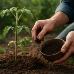 Rastlina paradajky s kávovou usadeninou v záhrade.