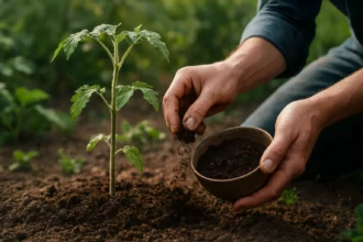 Rastlina paradajky s kávovou usadeninou v záhrade.