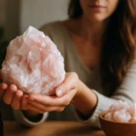 Žena drží veľký kameň mangán-kalcity, ktorý podporuje vnútornú silu.