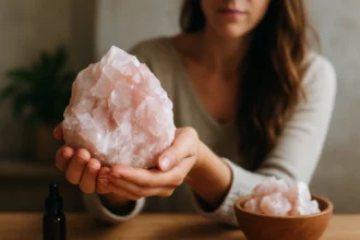 Žena drží veľký kameň mangán-kalcity, ktorý podporuje vnútornú silu.