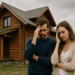 Pár, ktorý sa obáva nevýhod zrubového domu na pozadí stavby.