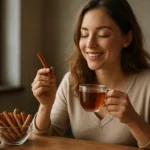 Žena si vychutnáva škoricový čaj s škoricovými tyčinkami