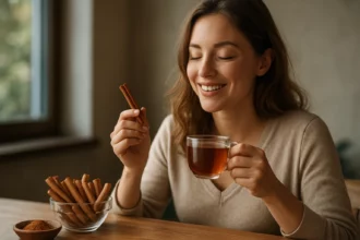 Žena si vychutnáva škoricový čaj s škoricovými tyčinkami