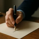 Ruka s plniacim perom píše na čistý papier.