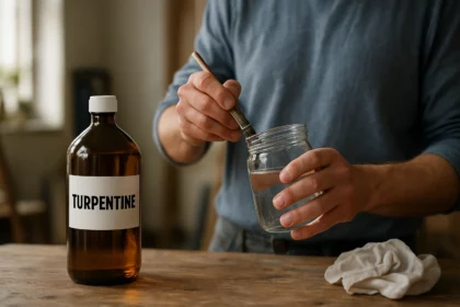 Fľaša terpentínu a osoba s štetcom