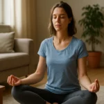 Žena meditujúca v komfortnom prostredí na dosiahnutie harmónie.