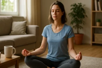 Žena meditujúca v komfortnom prostredí na dosiahnutie harmónie.