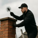 Kominár čistí komín s bezpečným náradím na dome.