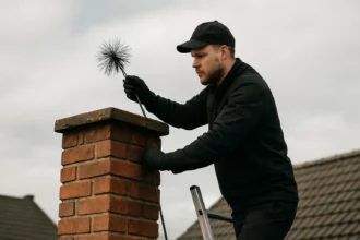 Kominár čistí komín s bezpečným náradím na dome.