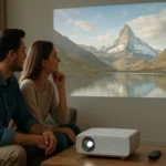 Pár sledujúci projekciu hory na stene pomocou projektorového televízora.