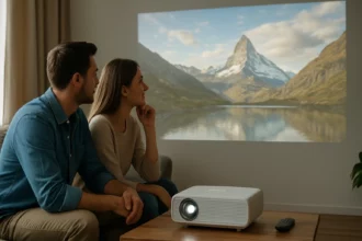 Pár sledujúci projekciu hory na stene pomocou projektorového televízora.