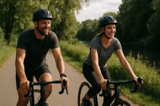 Šťastný pár na bicykloch jazdí v prírode.