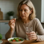 Žena berúca doplnok výživy pri jedle s ovocím a zeleninou.