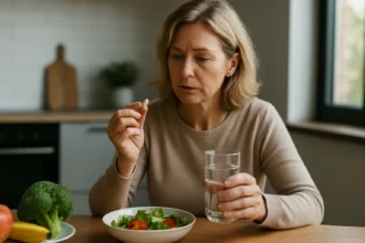 Žena berúca doplnok výživy pri jedle s ovocím a zeleninou.