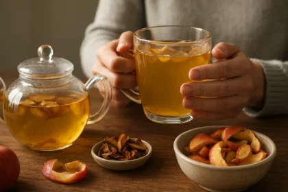 Ručne vyrobený čaj z jablkovej šupky v sklenených pohároch.