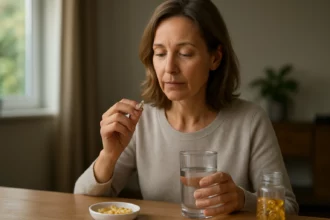 Žena užívajúca Omega-3 doplnok s pohárom vody