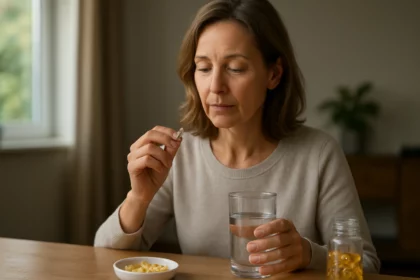 Žena užívajúca Omega-3 doplnok s pohárom vody