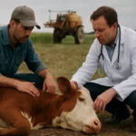 Polia veterinar a farmár so chorou kravou, diskusia o glyfosáte.