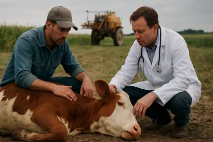 Polia veterinar a farmár so chorou kravou, diskusia o glyfosáte.
