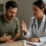 Lekárka predpisuje metronidazol pacientovi s bolesťami brucha